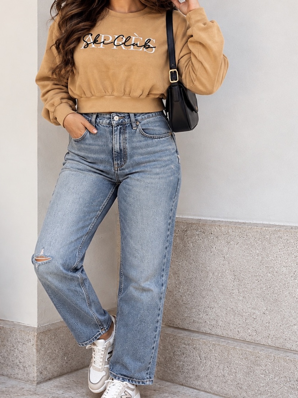 Chemistry Tan Cropped Sweatshirt Embroidered Script Relaxed Fit M